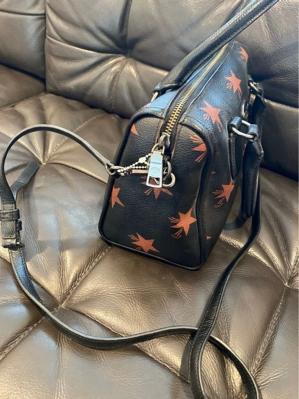 Coach Black Leather Satchel with Rust Star Print